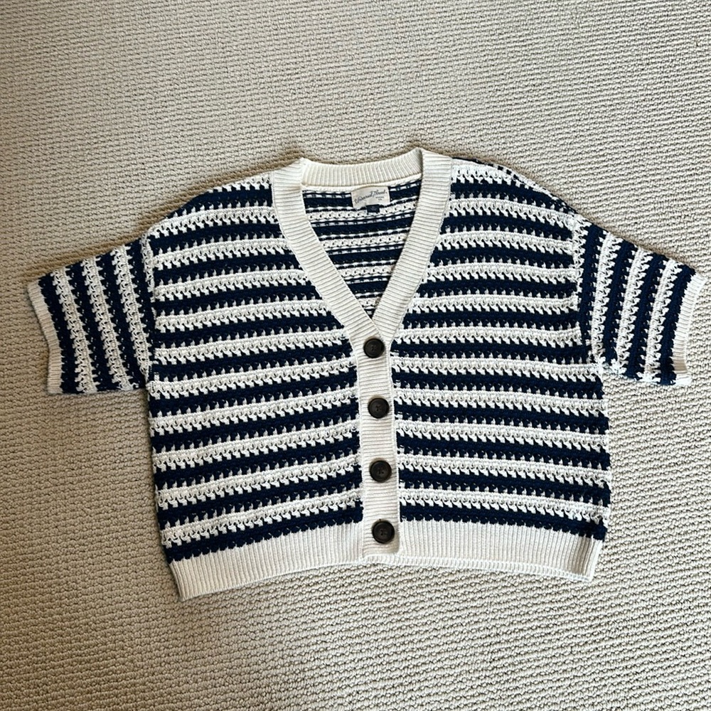 Women's Short Sleeve Button-Front Cardigan - Universal Thread™ Blue Striped XS